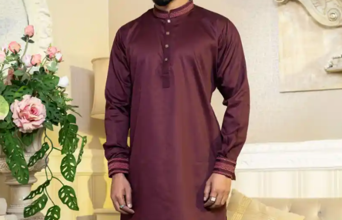 Tk2100 OFF on Pristine Luxury Indian Jacquard Fabric Panjabi Pinkish Red S411-P262