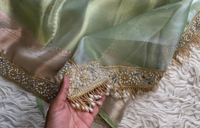 Tk1000 Off on Beautiful Soft Banarasi Tissue Silk faded Gold Zari Weaving Saree with Designer Lace...