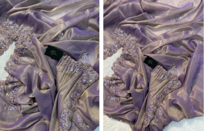 24% Off on Tissue Silk Saree Dual Tone of Lilac and Gold Hues
