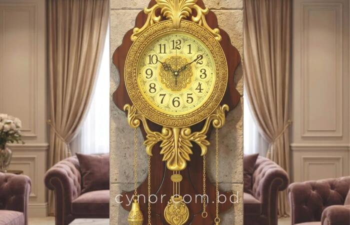 Tk1650 Off on Luxury Wooden Pendulum Wall Clock with Golden Metal Floral Design