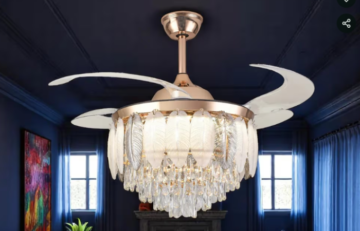 23% OFF on Qulik 48" Crystal Chandelier Retractable Invisible Blade Silent 3 Color Change LED Remote...