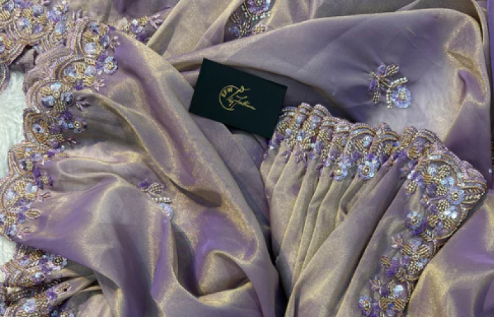 Tk2500 Off on Tissue Silk Saree Dual Tone of Lilac and Gold Hues