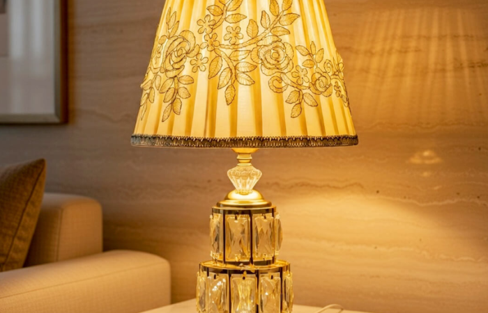 15% Off on Golden Metal Table Lamp with Crystal Design and Floral Fabric Shade